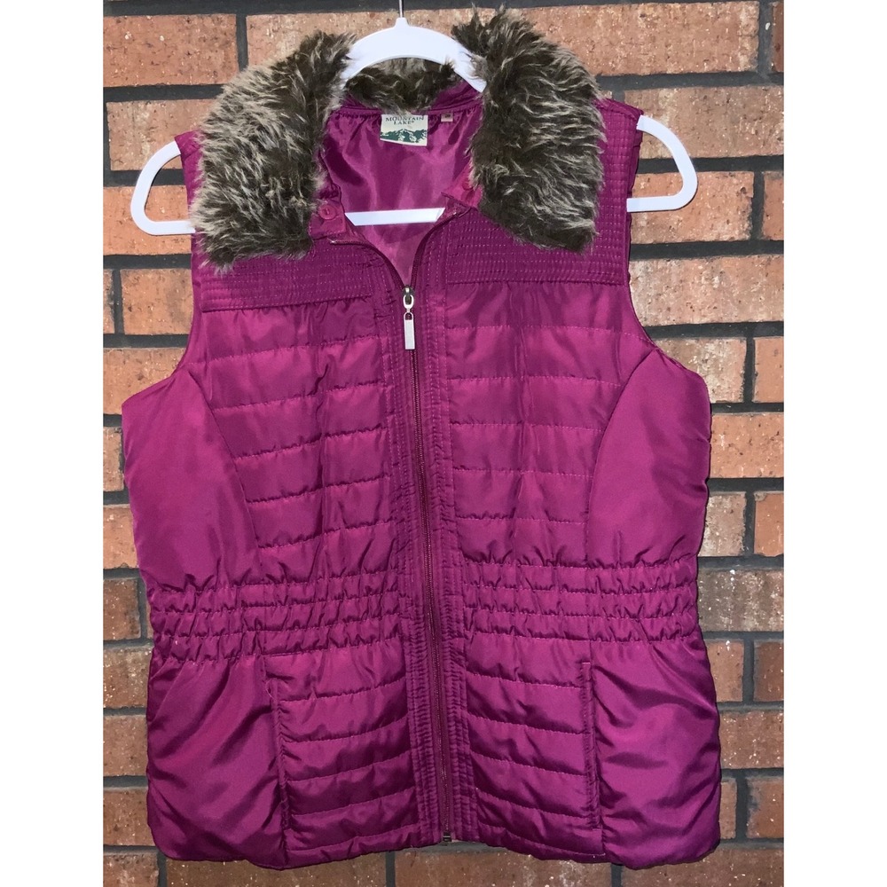 Mountain Lake Magenta Purple Quilted Puffer Vest Faux Fur Collar Petite Large PL
